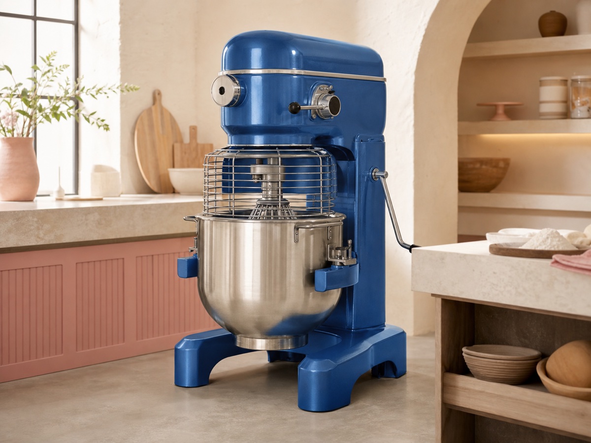Batidora industrial azul de 60 cuartos en una cocina de repostería